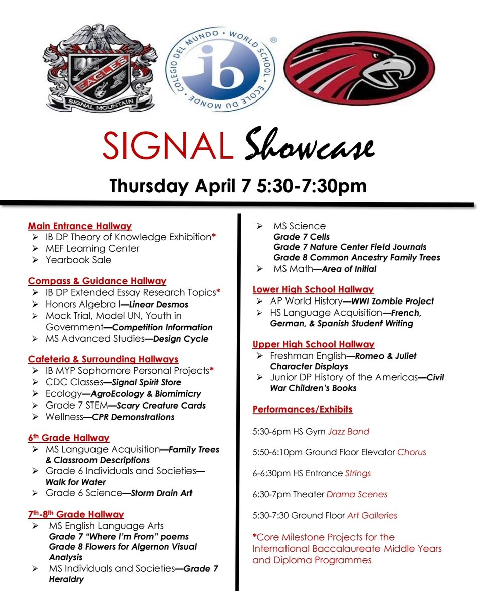 SMMHSEagles's tweet photo. #SignalShowcase 🦅 #THURSDAY Fabulous event where you literally walk the halls to see student work & enjoy performances from Arts dept. Emphasis on core milestone projects for the #IB Middle Years & Diploma programmes, but there's so much more! Prepare to be AMAZED! #SMMHSsoars https://t.co/60puegSFv6
