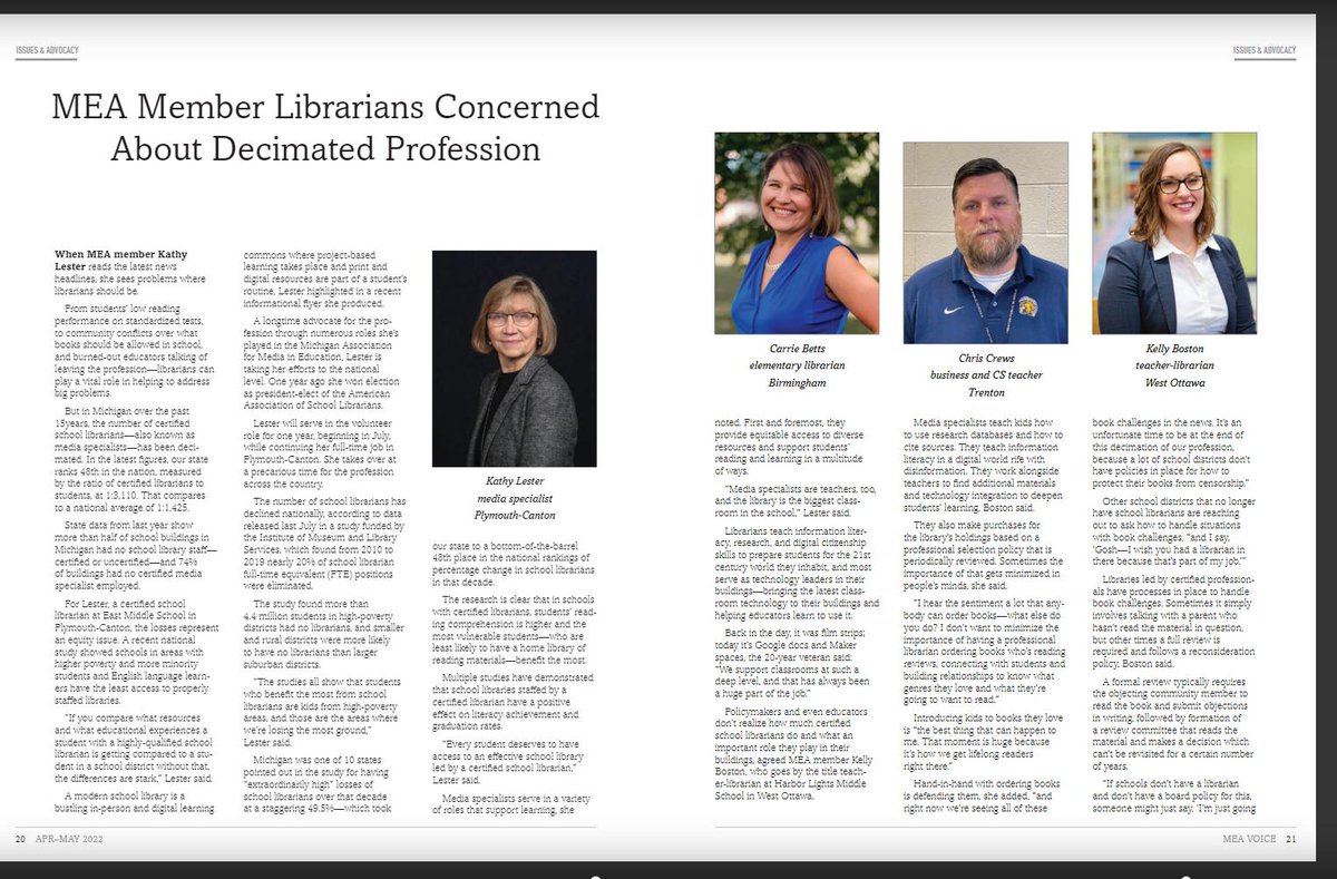 LibraryL's tweet image. Importance of School Librarians highlighted in @MEAOnline Voice. If you compare resources and experiences available to students with certified school librarians to students without, the differences are stark.  It is an equity issue. @michiganmame #AASLslm issuu.com/meavoicemag/do…