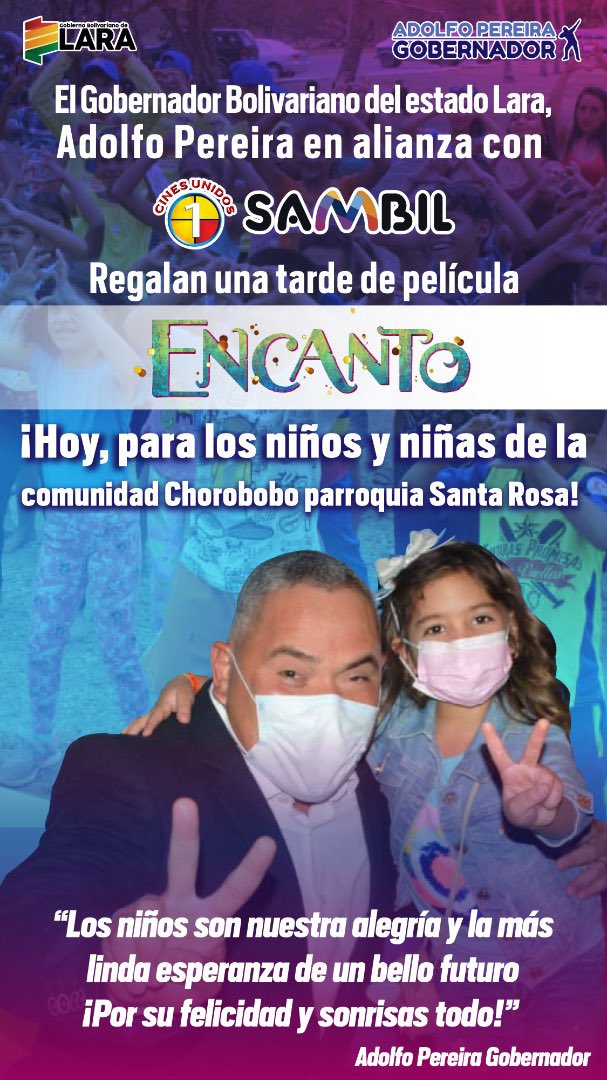 AdolfoP_Oficial's tweet photo. #5Abr Gracias a las alianzas con la empresa privada @CinesUnidos y @tusambilbqto regalamos sonrisas y diversión a los niños y niñas de Chorobobo y el Saina. Juntos, brindaremos felicidad al futuro de nuestro país. https://t.co/jHwyLIStNb