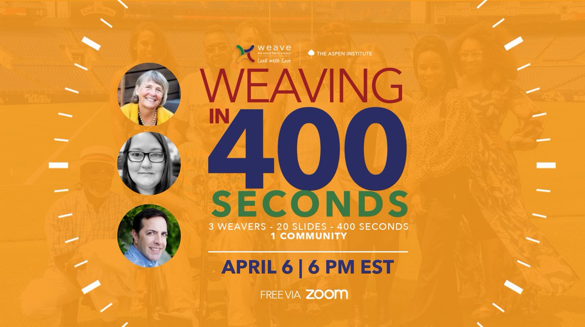 NicBluCares's tweet photo. Join me on 4/6 for @weavetheppl's "Weaving in 400 Seconds" event! I'm one of 3 community weavers who will have 400 seconds to share about how we're #WeavingCommunity RSVP on Facebook and invite your friends in a single click: https://t.co/zGUCU8TemC 
At the Aspen Institute: https://t.co/fu6dAqqBBi