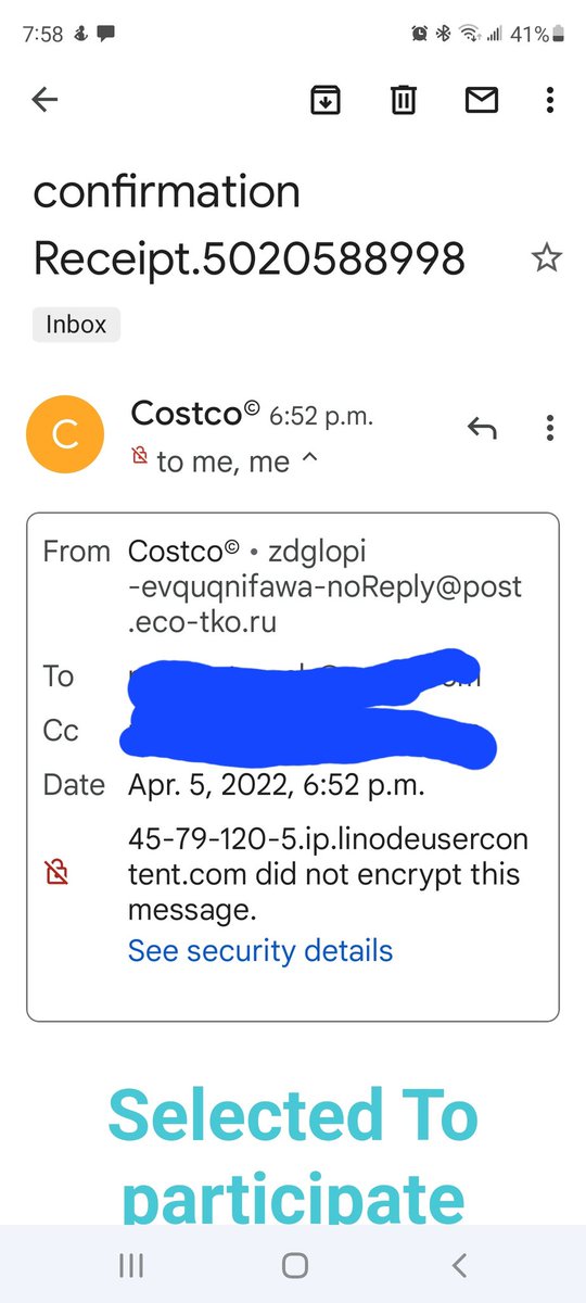 Oh look! Costco is emailing me from Russia with a bargoon!

#phishing
#phishybusiness