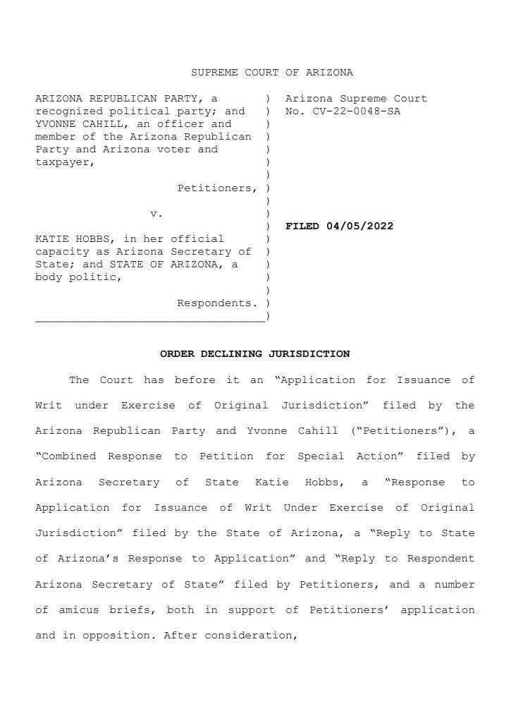 GovernorHobbs's tweet photo. Today, the  Arizona Supreme Court dismissed a dangerous lawsuit that threatened early voting in the state and challenged provisions of the Elections Procedures Manual. Arizona voters will still be able to vote early, access drop boxes, and make their voices heard. https://t.co/awWo5A6PF3