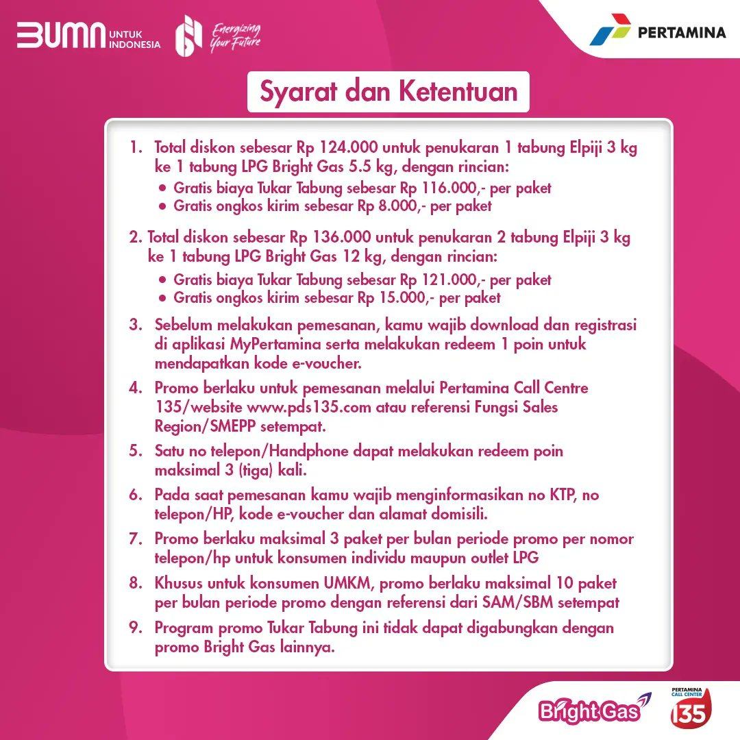 Promo Hemat Tukar Tabung Special Hari Kartini!

Pesan Trade In/ tukar tabung melalui Pertamina Call Center 135 atau website pds135.com dapatkan harga hemat mulai dari Rp 124.000 - Rp 136.000. 

A Thread