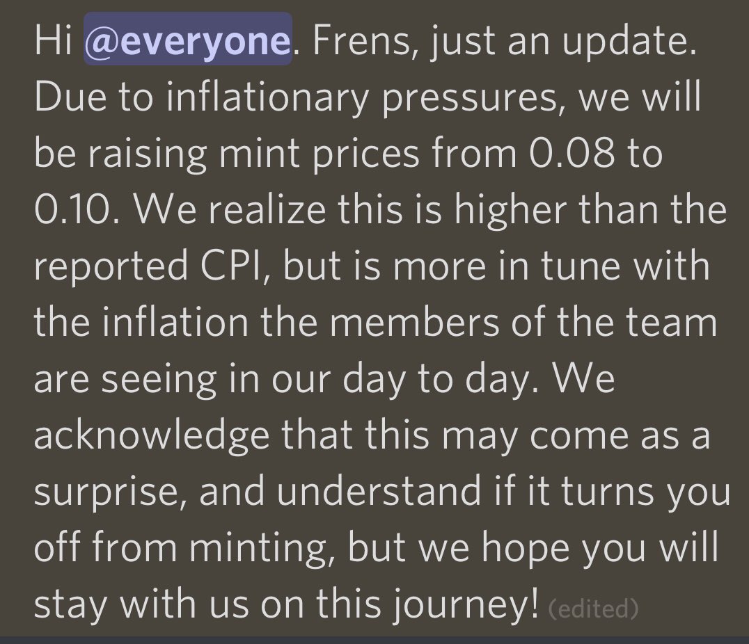 did not foresee a team blaming inflation for raising mint prices, but i suppose it was inevitable