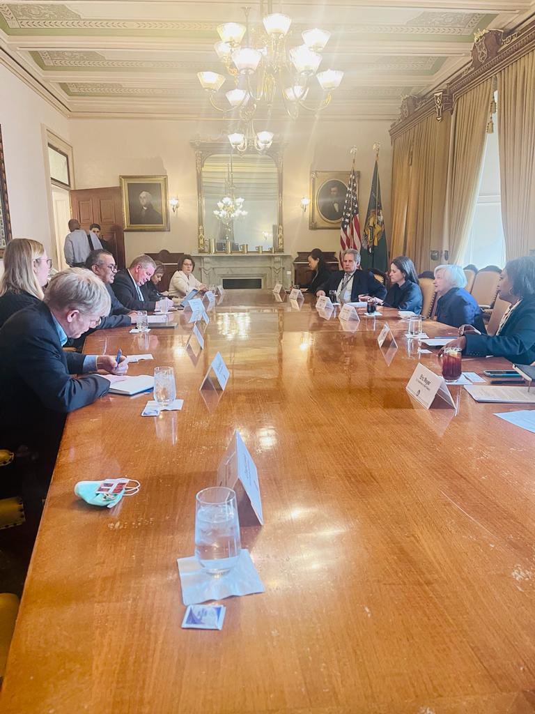 DrTedros's tweet photo. Thanks @SecYellen for a good meeting on the importance of a robust global health architecture, incl. a financing facility that will strengthen pandemic preparedness & response. I appreciated the chance to discuss #VaccinEquity & the work of #COVAX to get doses to people in need. https://t.co/qpeoSjlIlA