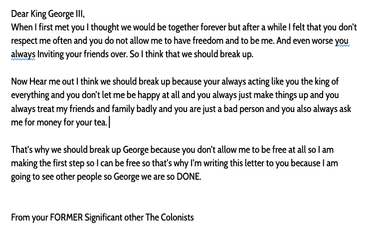 MrsBocian's tweet photo. In social studies, the students wrote break up letters from the colonists to King George.  They did a great job and were fun to read. #nevergettingbacktogether #freedom https://t.co/N52iAS6vCr