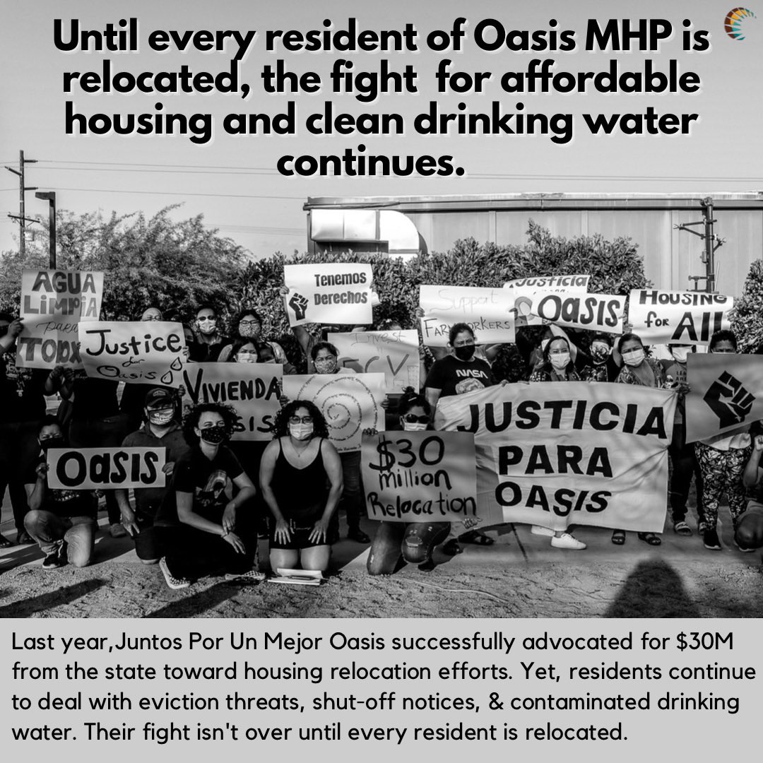 LCJandA's tweet photo. Oasis MHP residents successfully advocated for $30M from the state toward housing relocation efforts. Yet, residents continue to deal with eviction threats, shut-off notices, & contaminated drinking water.
Their fight isn't over until everyone is relocated.
#JusticeforOasis https://t.co/57HmhRfcug
