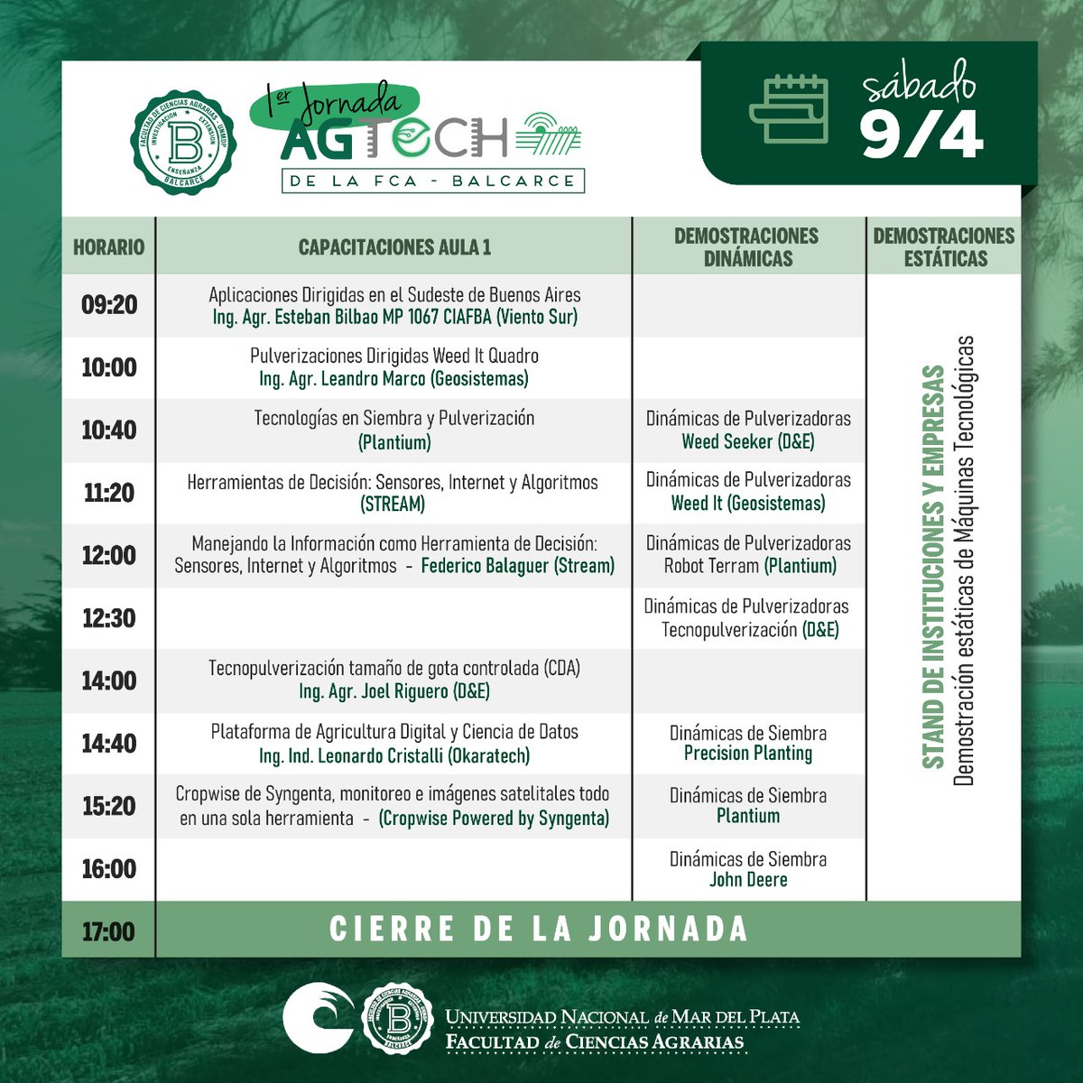 🧑‍🏫17 Capacitaciones Tecnológicas
-
🚜🖥️12 Dinámicas integrales Plataformas-Máquinas
-
🏢37 Empresas e Instituciones  y exposición Estática.
-
♾️ Oportunidades de interacción y aprendizaje

Con todo esto y más.... Te esperamos en la I Jornada Agtech de la <a href="/fcabalcarce/">FCABalcarce - UNMDP</a> 
Danos rt