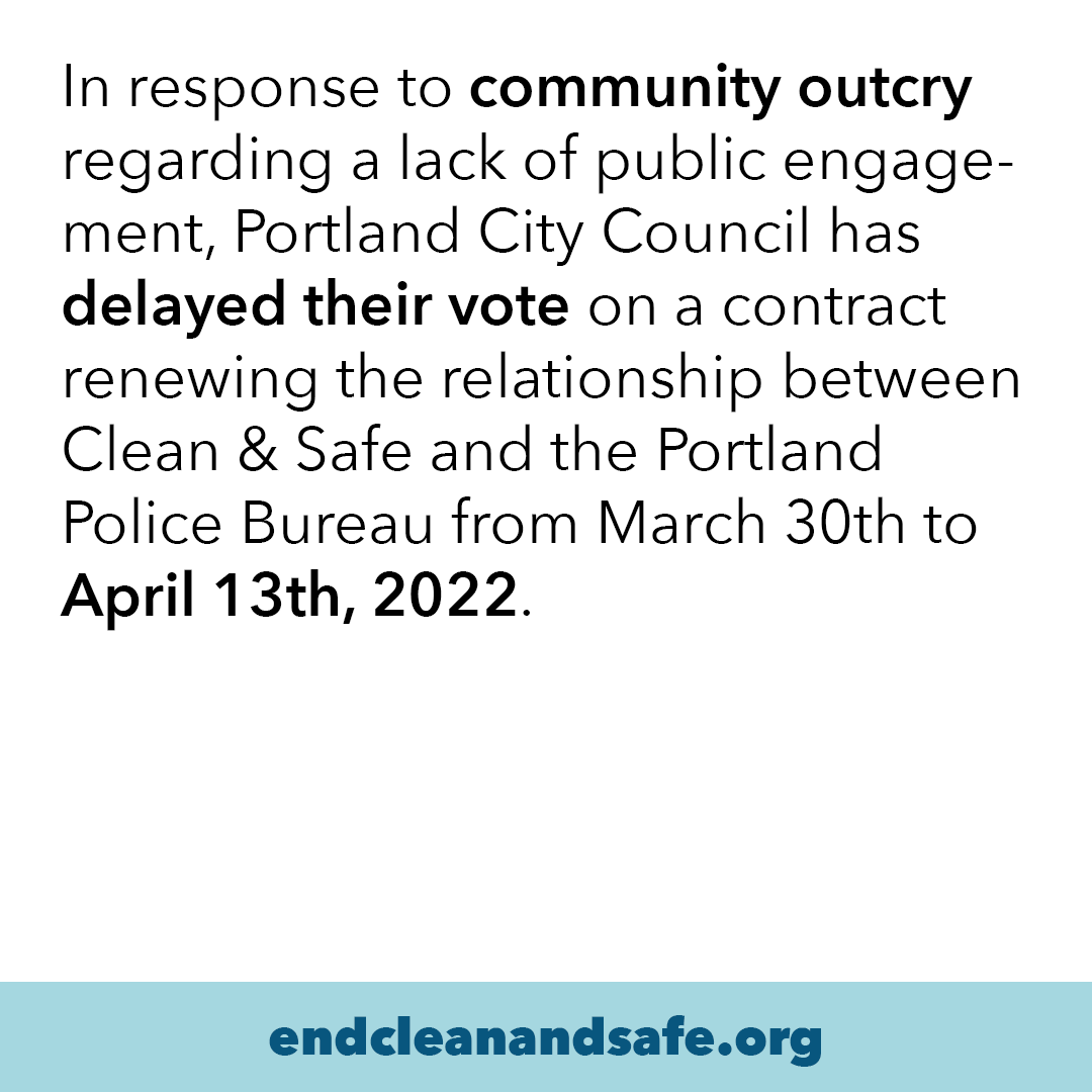 StopSweepsPDX's tweet photo. Due to pressure from community members, the City of Portland has officially postponed the vote to renew the contract between Clean &amp; Safe and Portland Police Bureau

There will be another public listening session on this Thursday. Learn more: https://t.co/uW2nmJrSSg https://t.co/7TT8lScro5