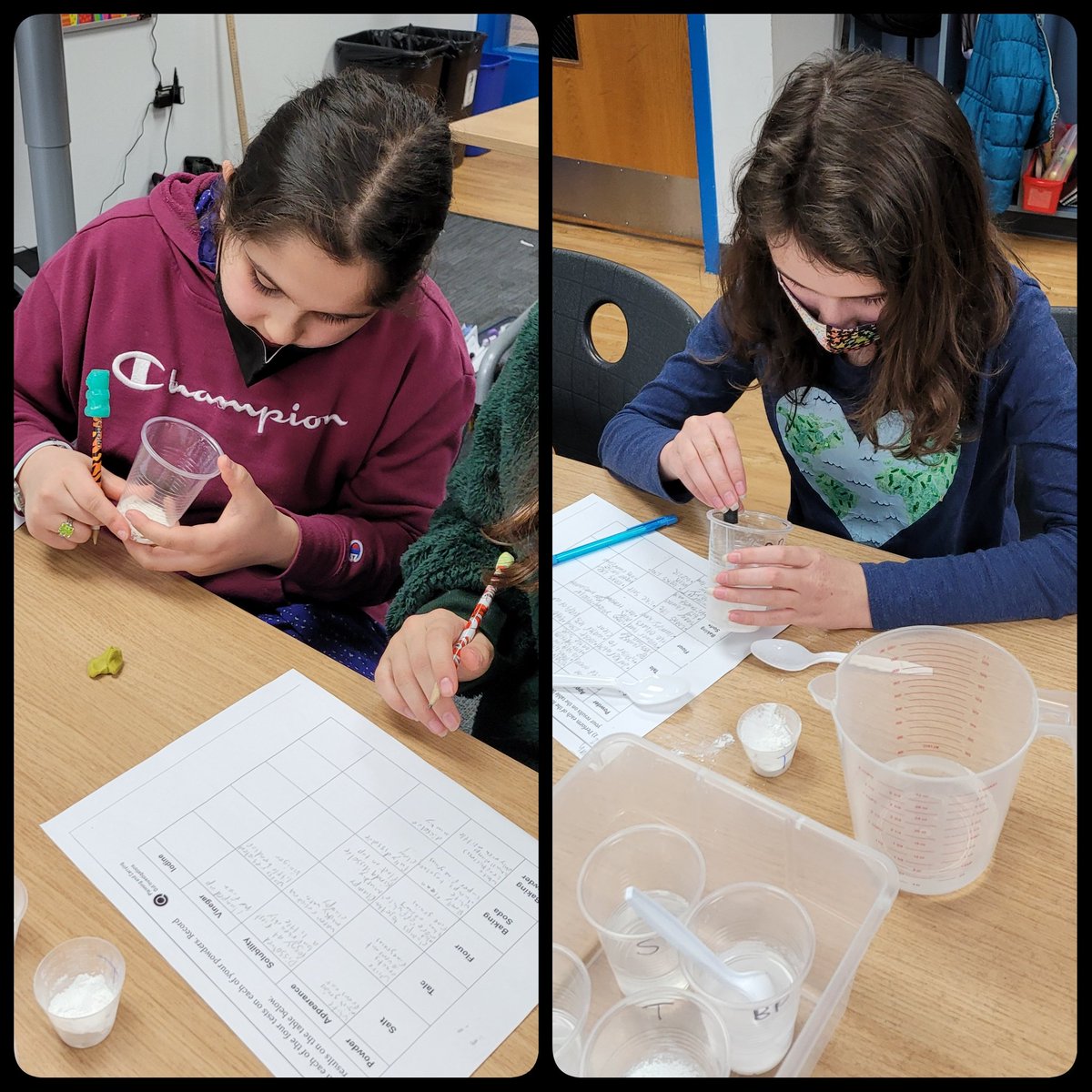 JMKirberger's tweet photo. Students always love hands on science experiments! Today we observed properties of matter by looking at their appearance, solubility, and how they react when combined with vinegar and with iodine. #inspire96 #TCiScience https://t.co/6v5iDwLc67