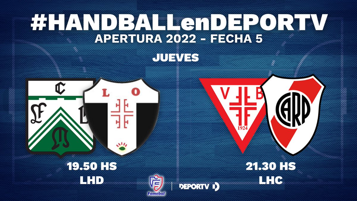 JUEVES | ¡Otra doble jornada de #HANDBALLenDEPORTV!

🏆<a href="/femebal/">Fe.Me.Bal.</a> Torneo Apertura - Fecha 5

⏰ 19.50 -LHD🤾‍♀️
👕 <a href="/FCOhandball/">FCO Handball</a> 🆚 <a href="/SedaloArgentina/">Sedalo Argentina</a>

⏰ 21.30  -LHC🤾‍♂️
👕 @SAGVBALLESTER 🆚 <a href="/RiverPlate/">River Plate</a>

📲 En vivo por nuestro canal de YouTube

📝 Info 👉 bit.ly/3ucPTNO
