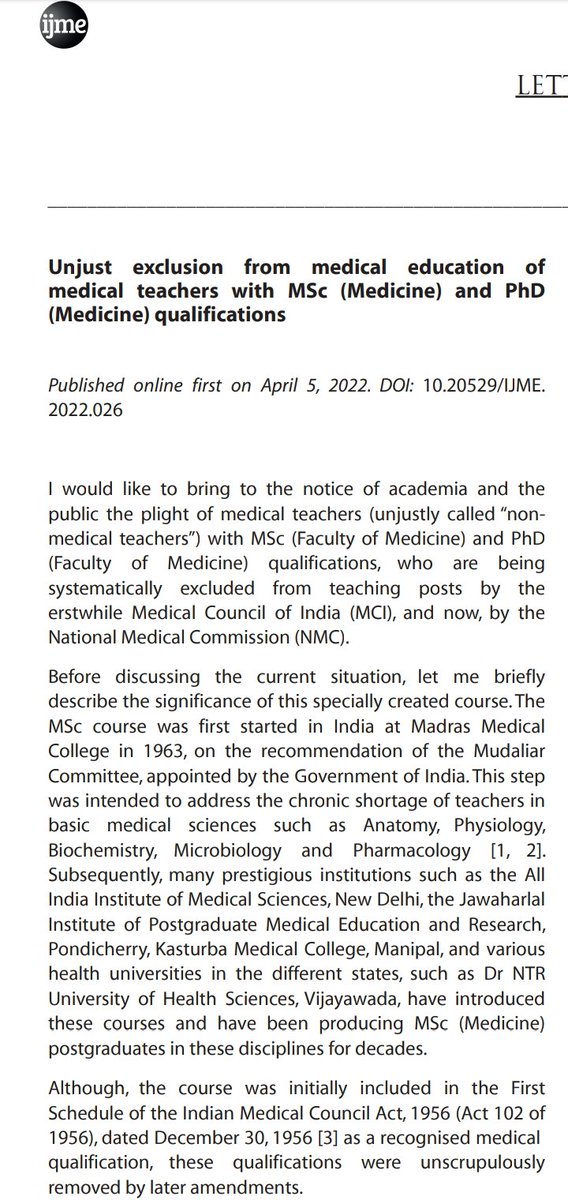 kambali's tweet photo. Letter titled "Unjust exclusion from medical education of medical teachers with https://t.co/6vJ0oFtDZU.(Medicine) and PhD(Medicine) qualifications" published in Indian Journal of Medical Ethics @IndJMedEthics This is to @NMC_IND @MoHFW_INDIA @PMOIndia https://t.co/OZCEMEGITV