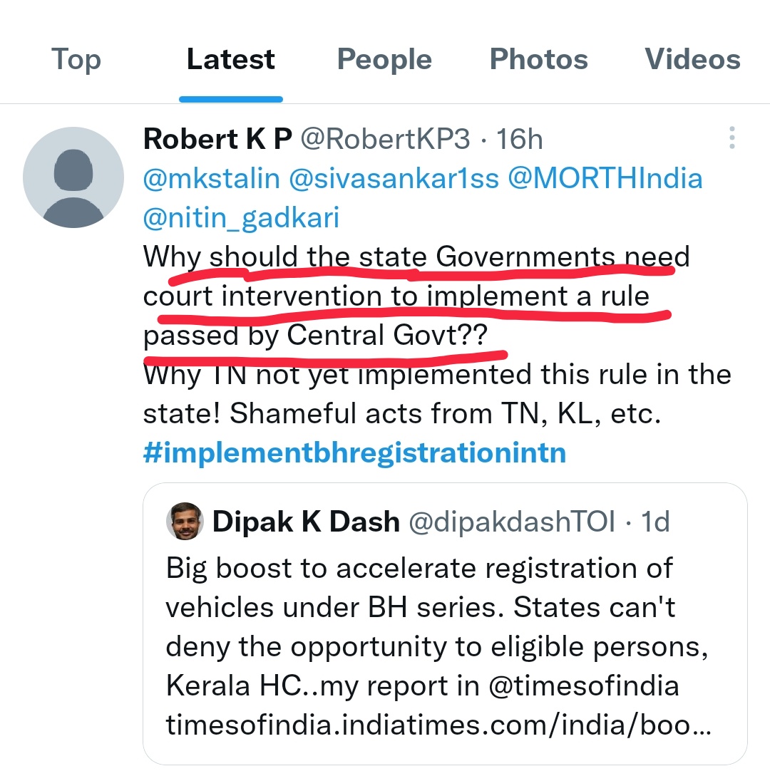 harshav61625286's tweet photo. #implementbhregistrationintn don't deny our right n don't delay it any further. Refer HC order of Kerla.@sivasankar1ss @OfficeOfPTR @CMOTamilnadu @TOIChennai @dt_next implement BH Regn in its true spirit in TN immediately. https://t.co/qE7FTJ9lKc