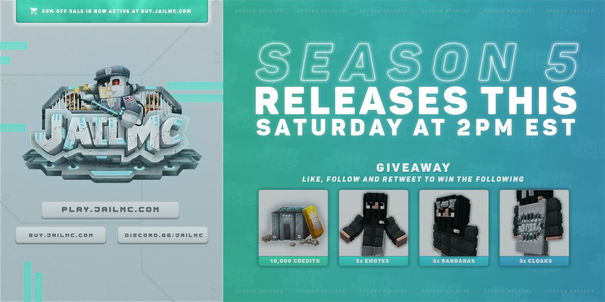 OP Prison Season V release will take place this Saturday at 2PM EST!

GIVEAWAY⤵️
• 3x 10,000 Credits
• 3x Lunar Cloaks
• 3x Lunar Emotes
• 3x Lunar Bandana

IP: play.jailmc.com
Store: buy.jailmc.com
Discord: discord.gg/jailmc