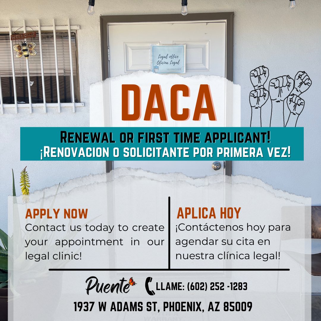 ¡La Clínica Legal de Puente está tomando citas diarias de DACA! ¡Llámanos para agendar tu cita! Puente Legal Clinic is taking daily DACA appointments! Call us to schedule your appointment! #DACA