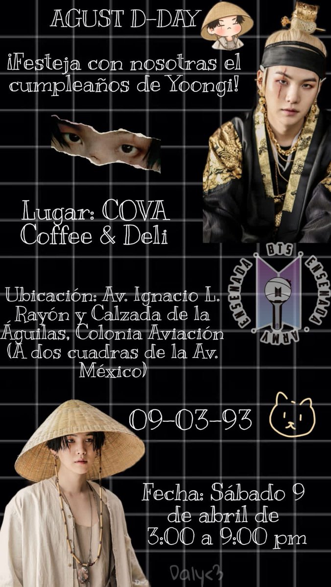 ArmyEnsenada's tweet photo. ARMY! Festeja con nosotros el cumpleaños de Suga. Porque nunca es tarde para celebrar a nuestro Min Yoongi.

Este evento será con reservación.

Horarios:
3:00 - 5:00 pm  
5:00 - 7:00 pm
7:00 - 9:00 pm

Disponibilidad, reservaciones y dudas, por DM.

~Staff BTS ENSENADA 🇲🇽💣 https://t.co/XRYtJRMMjh