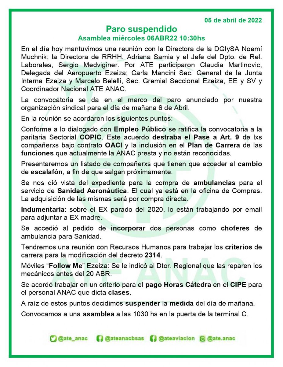 #Asamblea
MIE 10:30 Terminal C #Ezeiza

Levantamos el #Paro.

Leé el comunicado para enterarte lo acordado con #ANAC y Empleo Público👇🏽

facebook.com/90985768914752…