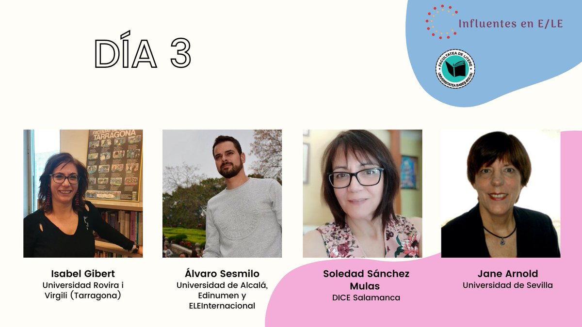 InfluentesenELE's tweet photo. #influentesenele
Otro día, otros ponentes de lujo. 😍🥳👩🏫🧑🏫
Hoy estamos con Isabel Gibert, Álvaro Sesmilo, Soledad Sánchez y Jane Arnold.
@gibesco @Alvaro_Sesmilo @DiceSalamanca @janearnold_
📌 https://t.co/NPu90mEsg1 https://t.co/RyyJeOaoeS