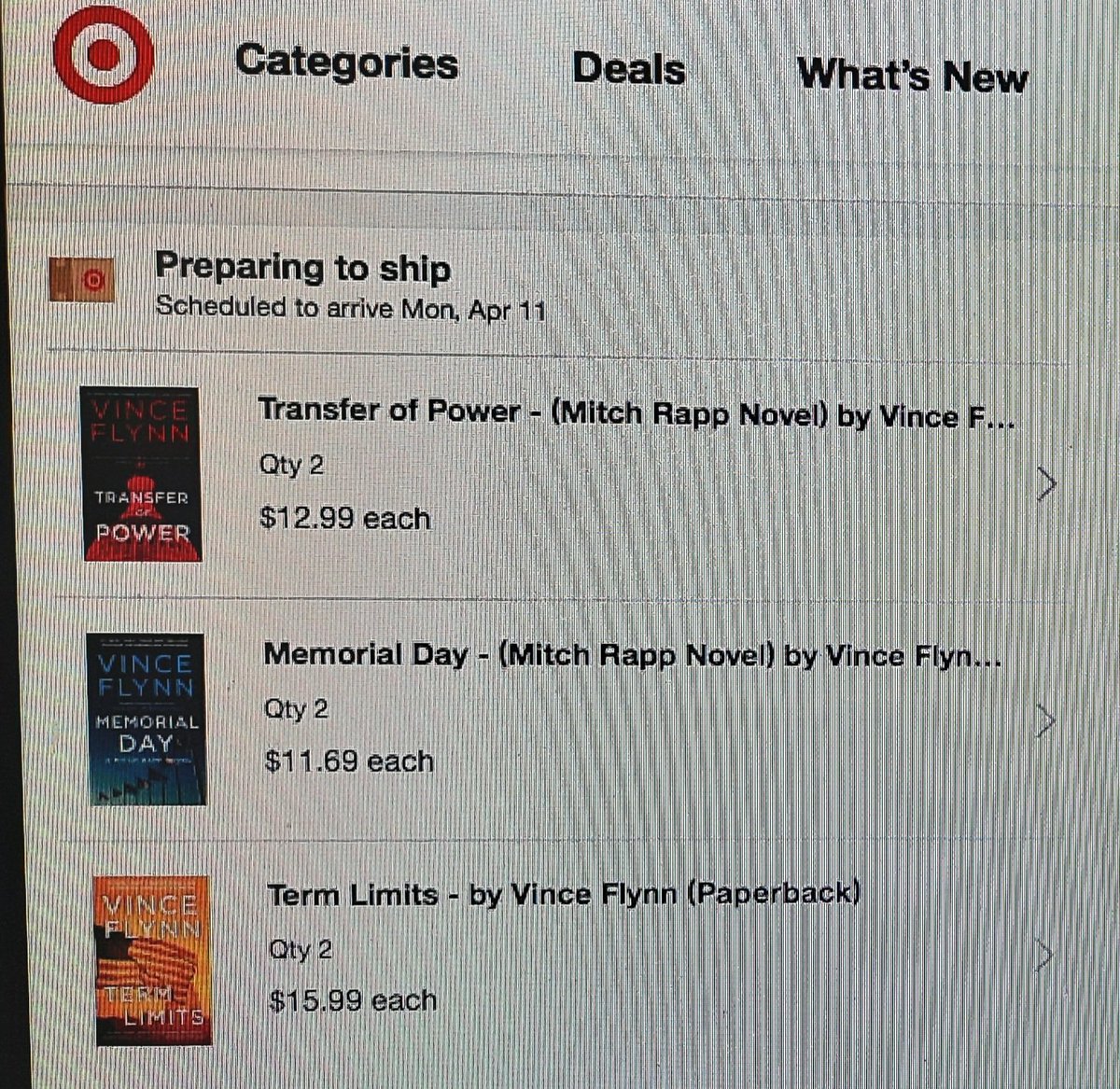 Purchased: 
2 #TermLimits 
2 #TransferOfPower and 
2 #MemorialDay
all by #VinceFlynn 

#VinceFlynnDay #MitchRapp
