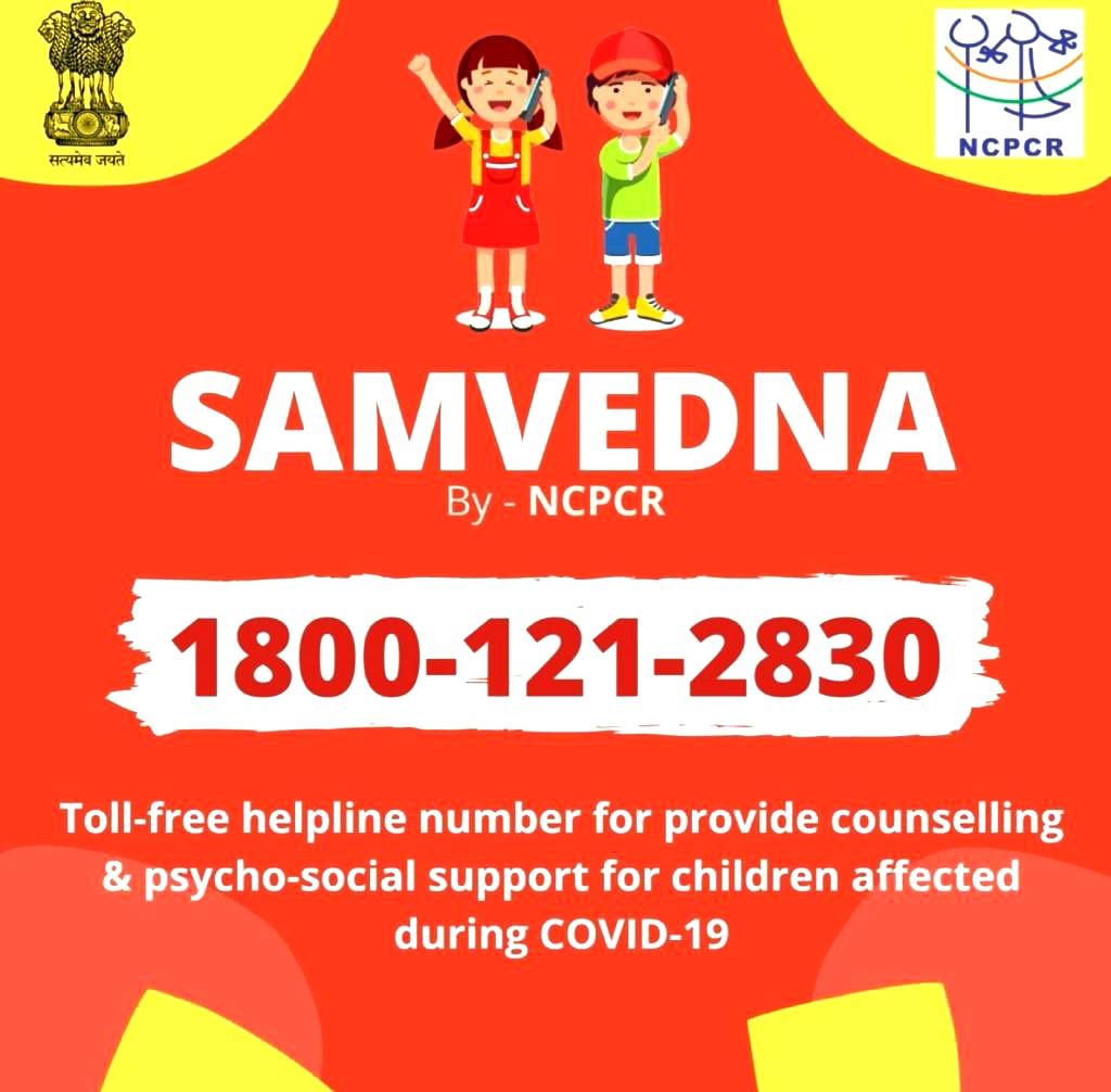 #SAMVEDNA

A Toll free Tele Counselling exclusively for Children who are in need of counselling &amp; Psycho-Social support during this COVID19.

 Tele Counselling Availability ⏩ 10:00 AM - 01:00 PM and 03:00 PM - 08:00 PM (Mon. to Sat.) at
📞  𝟏𝟖𝟎𝟎-𝟏𝟐𝟏-𝟐𝟖𝟑𝟎

<a href="/PIBWCD/">PIB WCD</a>