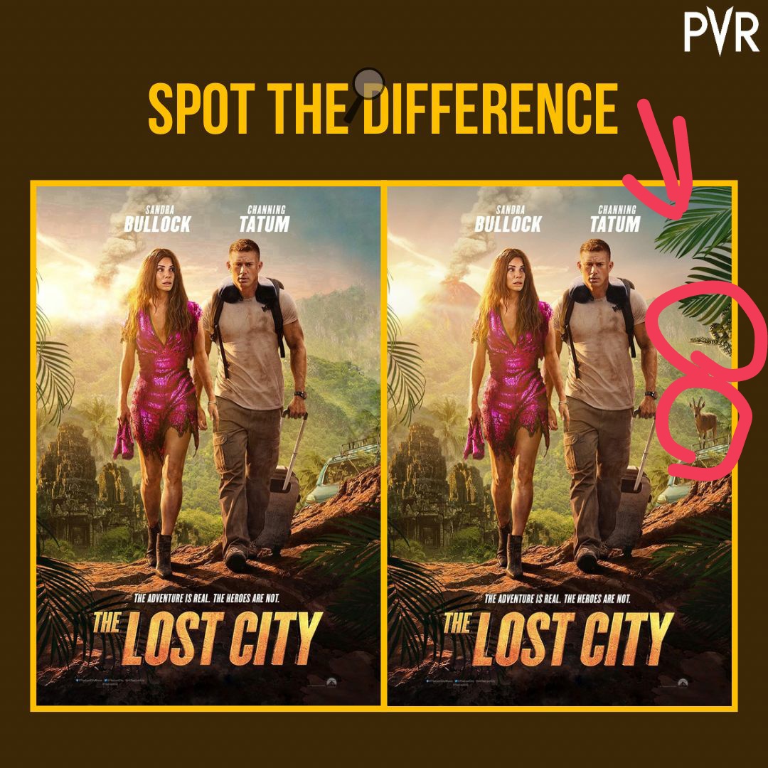 its_daksh786's tweet photo. @_PVRCinemas Three Difference I can spot
1) The Animal on the Car
2) Snake on some tree
3) Tree leaves 
#TheLostCity #SandraBullock #SpotTheDiffernce #PVR #PVRCinemas https://t.co/lOgx1kPP2V