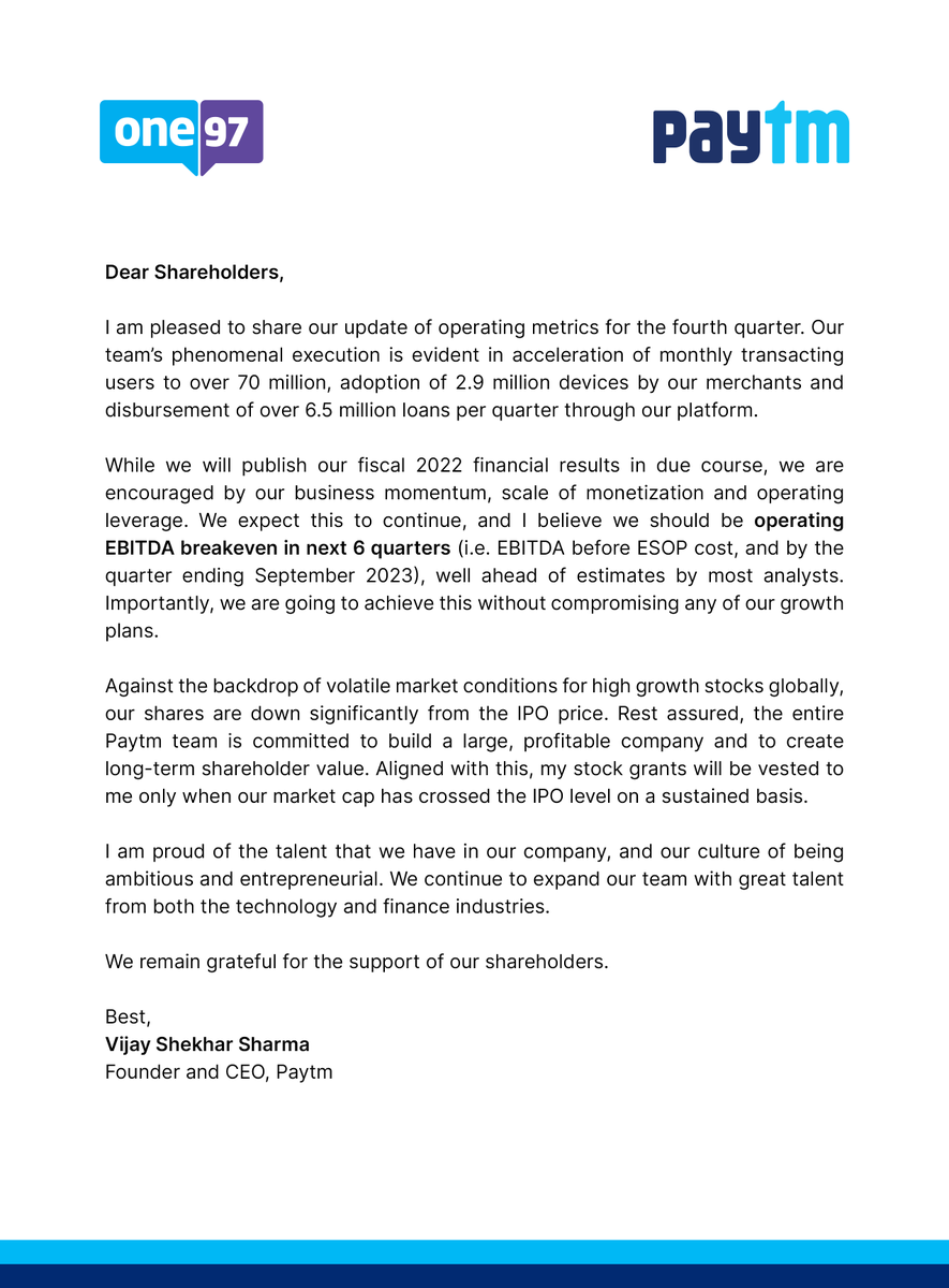 Paytm's tweet photo. A letter to our shareholders from our Founder &amp; CEO, @vijayshekhar, and operating metrics for the quarter ending March 2022.

https://t.co/nuBRc4RveW https://t.co/CnyimfkbOW