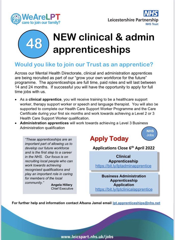 Brilliant opportunity to take up #Apprenticeships in the #MentalHealth directorate of <a href="/LPTnhs/">Leicestershire Partnership NHS Trust</a>  
<a href="/CCLeic/">Creative Coffee Leic</a> @LAMPadvocacy