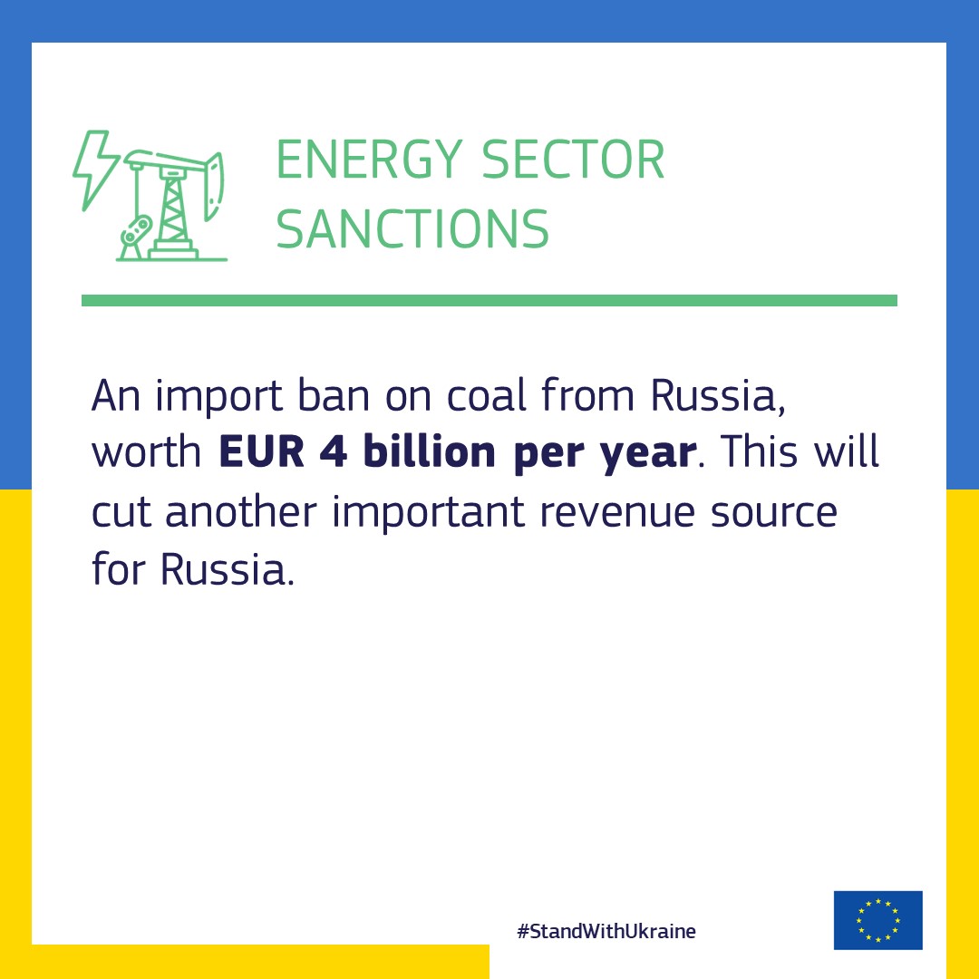 Trade_EU's tweet photo. An import ban on coal from Russia, worth €4 billion per year, cutting another important revenue source for Russia. https://t.co/sYfIma9vmN