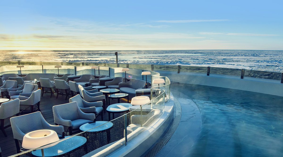 ponant_EN's tweet photo. The Blue Lagoon on #LeCommandantCharcot welcomes our guests for a unique moment of relaxation, above the icy ocean. Thanks to the energy recovery system, this outdoor lagoon is heated between 27 and 37° C.
📸© Studio PONANT - Olivier Blaud
📸© PONANT - JC Pieri https://t.co/eXYZnCMfzv