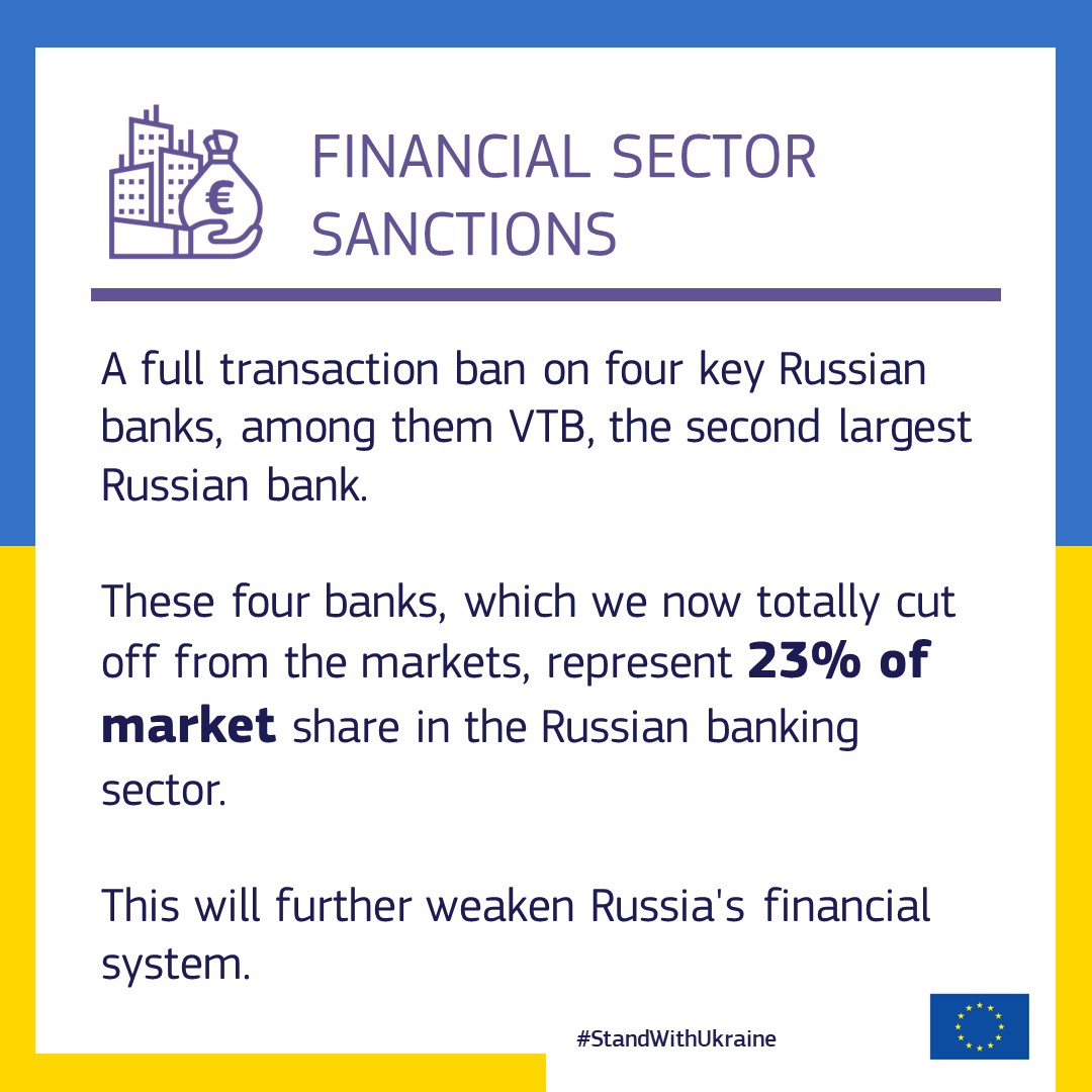 Trade_EU's tweet photo. A full transaction ban on four key Russian banks, among them VTB, the second largest Russian bank. https://t.co/BF9IhDlMZ3