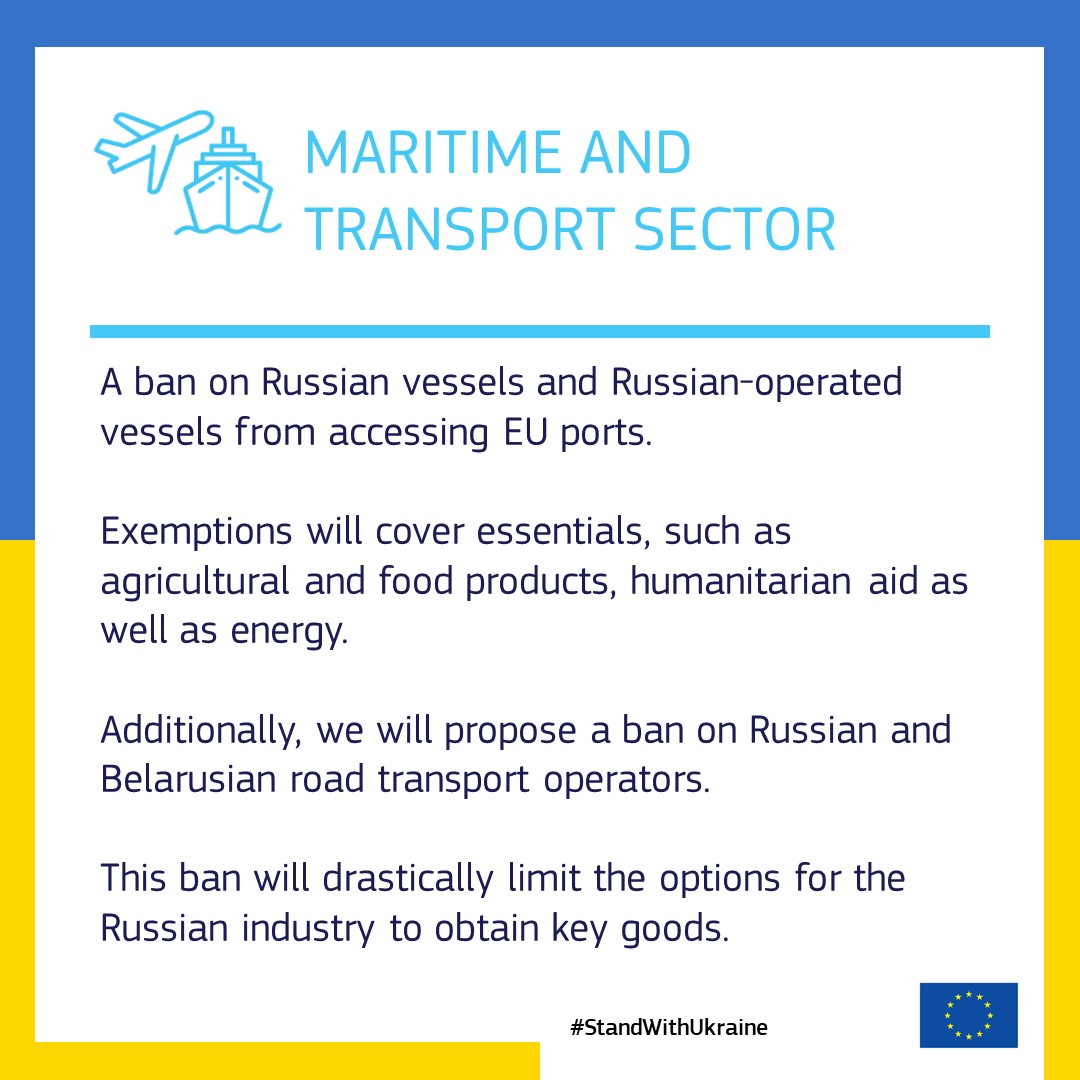 Trade_EU's tweet photo. A ban on Russian and Russian operated vessels from accessing EU ports and a ban on Russian and Belarusian road transport operators. https://t.co/NZjT8i12sG