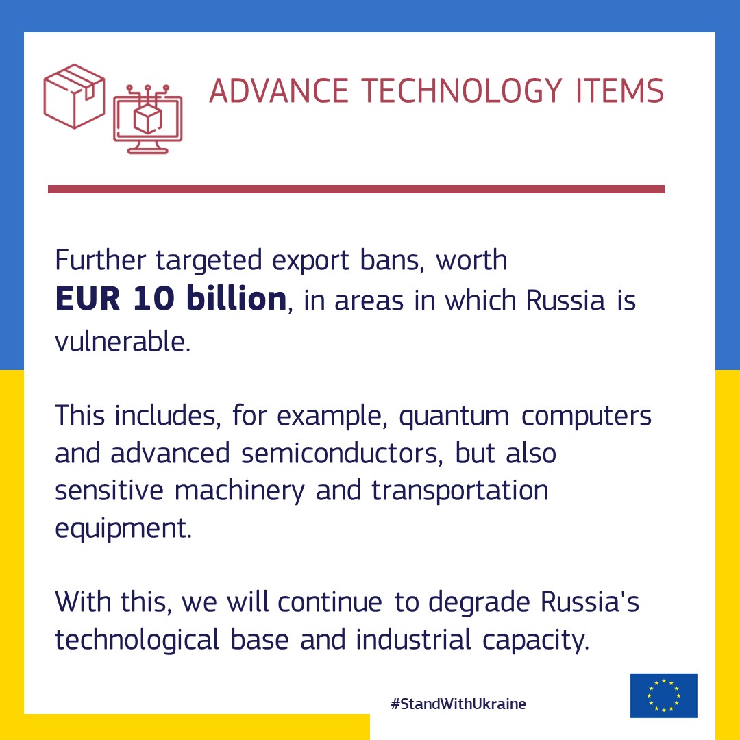 Trade_EU's tweet photo. Further export bans, worth €10 billion, in crucial areas: advanced semiconductors, machinery and transport equipment https://t.co/iC8bFo4ZZc