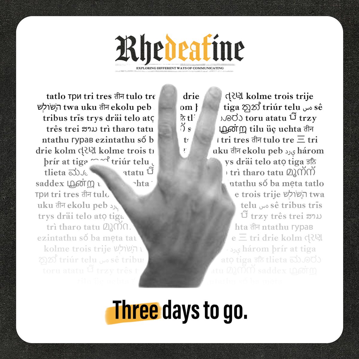 TheRhetoricians's tweet photo. 3️⃣ days to go before RheDEAFine: Exploring Different Ways of Communicating 🗣

You may still register through this link: https://t.co/GV9wsOk9nO

See you there! 👋

#RheDEAFine
#CommunicateDifferently 
#DeafCommunity https://t.co/n7r8ukGN9r