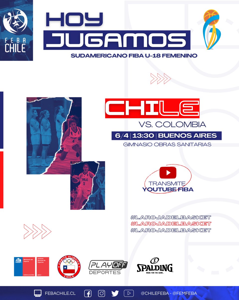 Juega CHILE, juega #LaRojaDelBasket 🔴🔵

🏆 #FIBAU18Sudamericano 
🆚 <a href="/Fecolcesto/">Baloncesto Colombiano 🇨🇴 🏀</a> 🇨🇴
⌚️ 13:30 H
📺 YouTube <a href="/FIBA_es/">FIBA en español</a> 

🤝 <a href="/INDChileOficial/">IND Chile 🇨🇱</a> | <a href="/MindepChile/">Ministerio del Deporte</a> | <a href="/TeamChile_COCH/">Team Chile</a> | <a href="/Spalding_chile/">SpaldingChile</a>