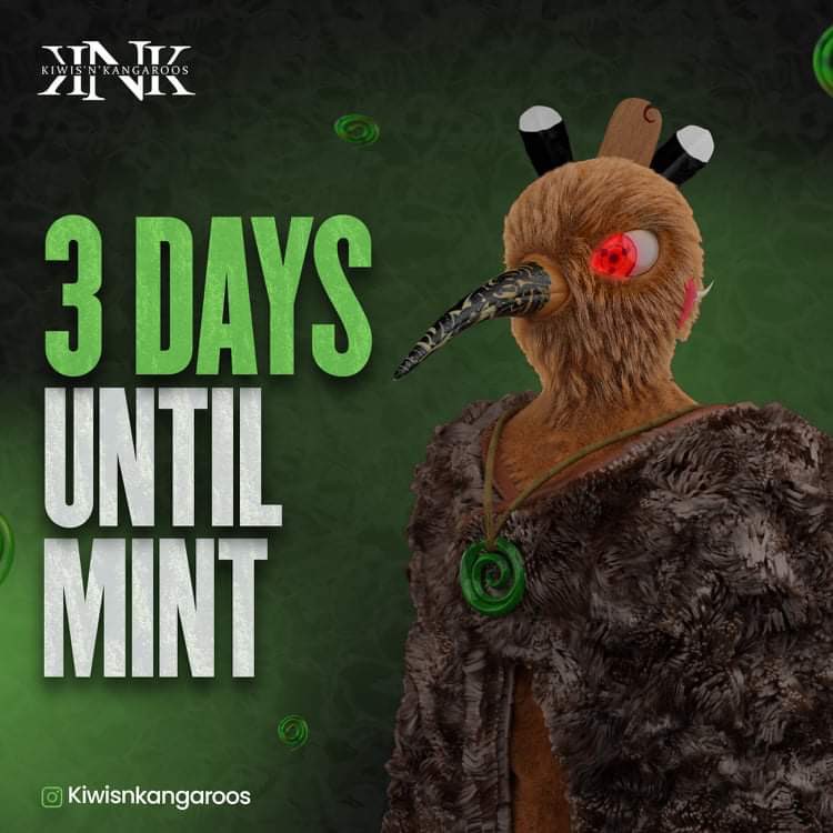 3 DAYS UNTIL OUR ROCKET TAKES OFF!

RT this and drop a 🚀 in the comments if you’re excited for mint day! LET’S GO!!!

Discord.gg/kiwisnkangaroos 

#NFT #NFTCollection #NFTCommmunity