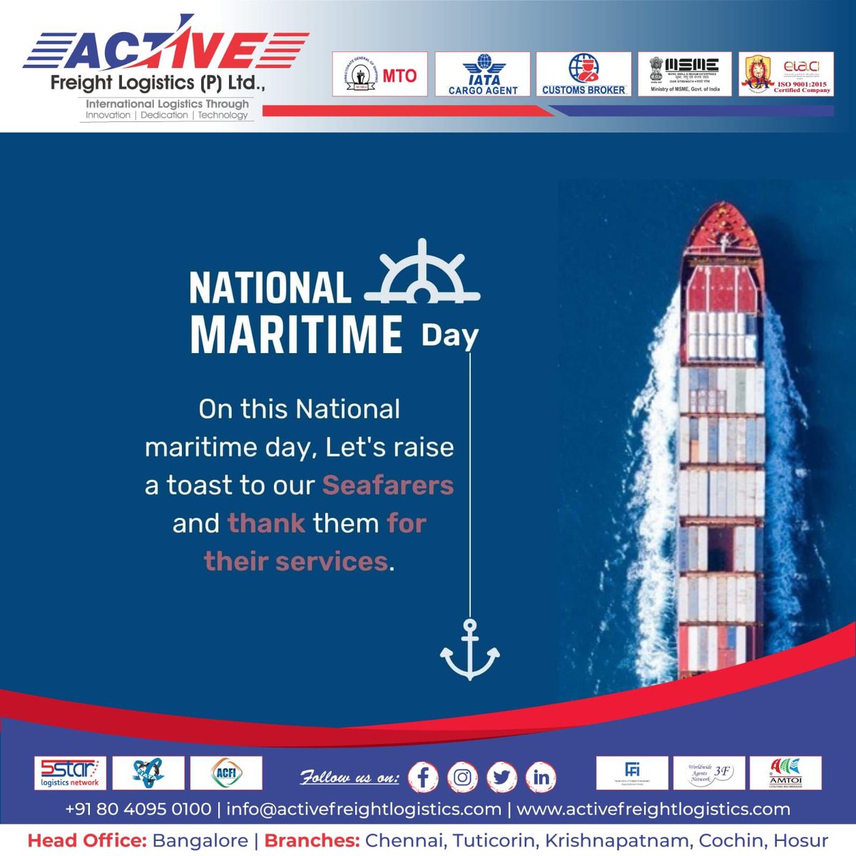ActiveFreightIN's tweet photo. The strength of the ship depends a lot on the skill to sail it. Let us salute marine staff on the occasion of Maritime Day.
Happy National Maritime Day. #army #navy #coastguard #marine #soldier #freedom #indiannavy #war #activefreightteam #activefreightlogistics https://t.co/nxErXGvISa