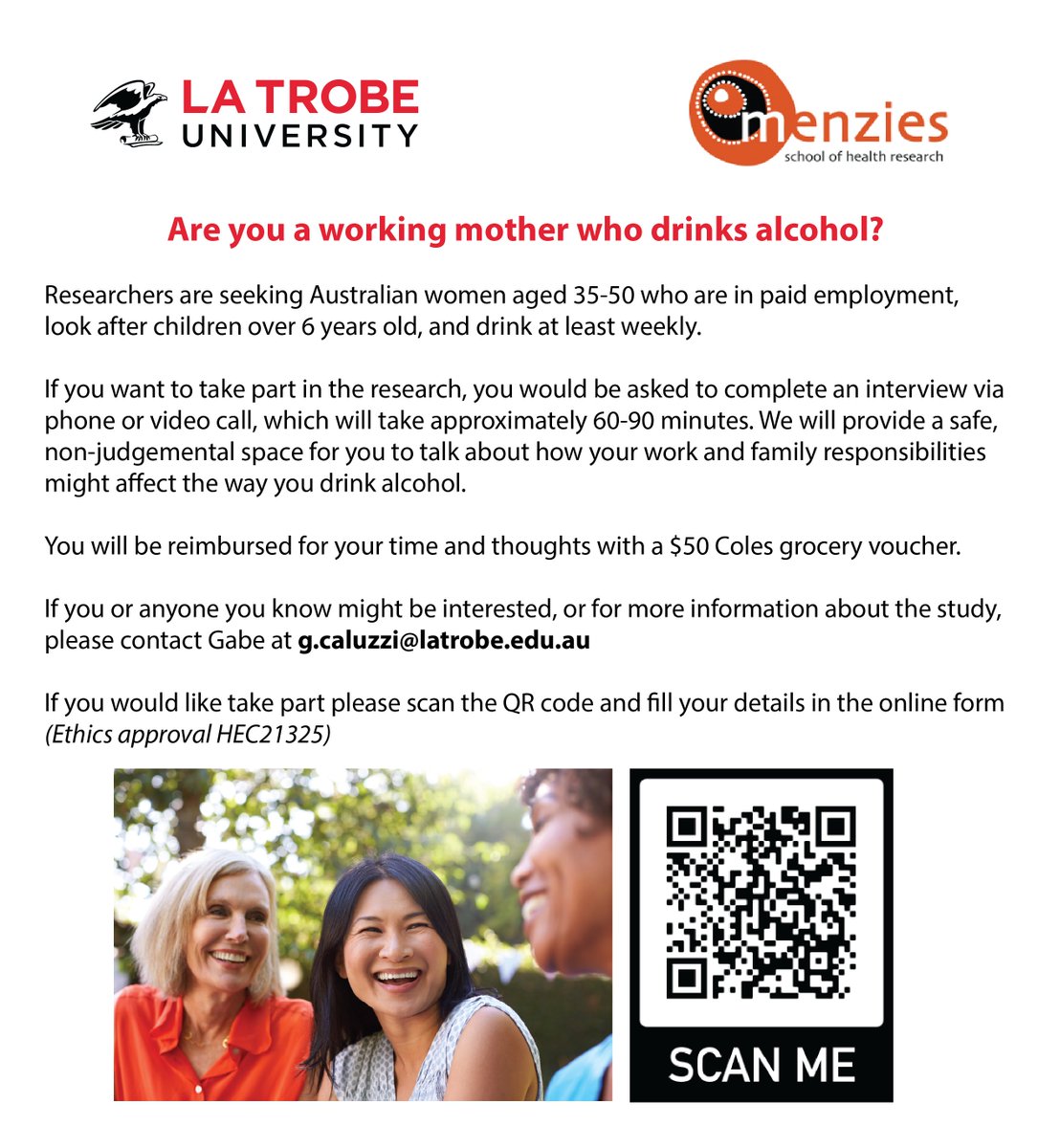 We’re recruiting for a study looking at drinking among working mums. If you or anyone you know might be interested, get in touch or use the QR code to fill in the online screening survey. 

Feel free to retweet, pass this on or share around!