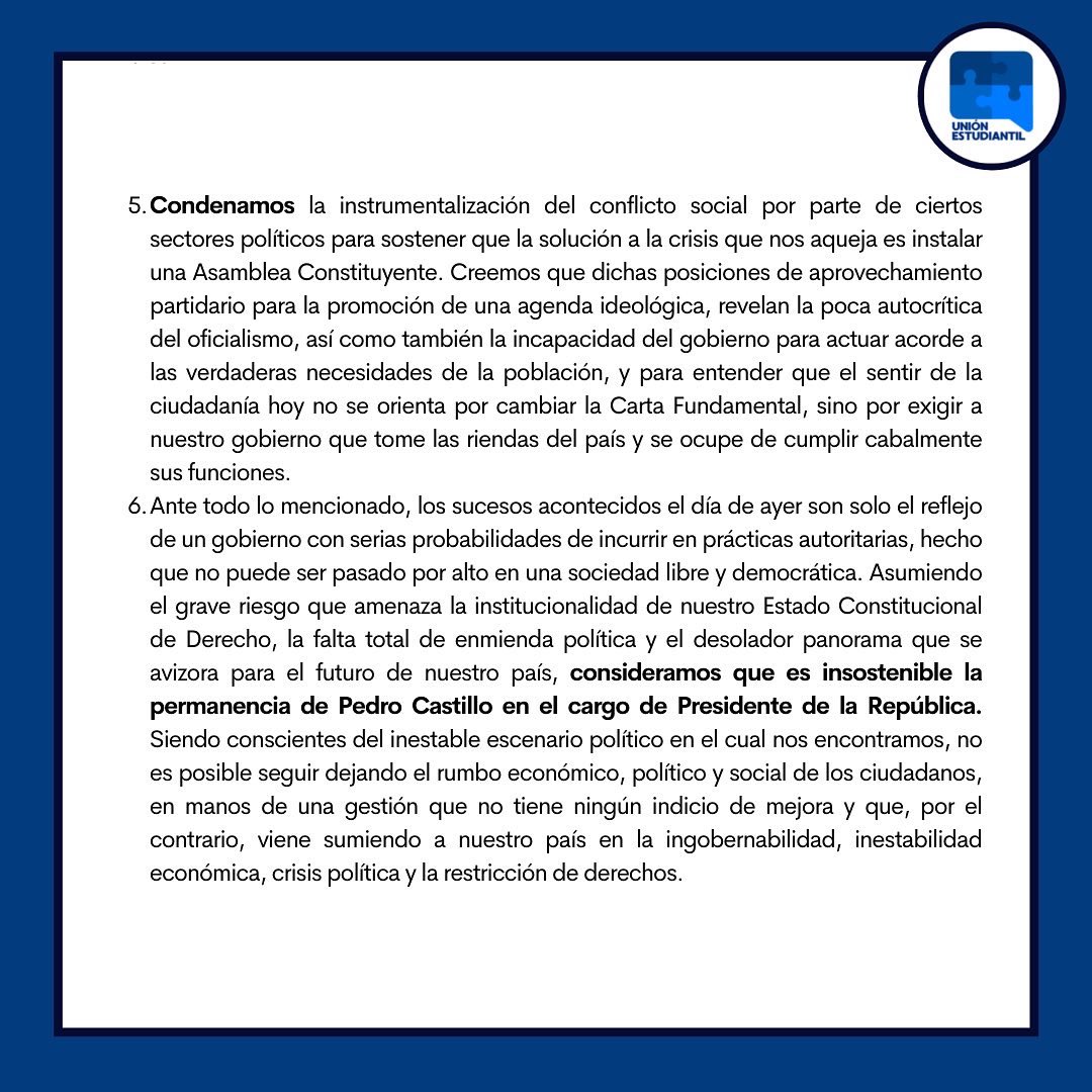 unespucp's tweet photo. [PRONUNCIAMIENTO SOBRE LA COYUNTURA POLÍTICA: El conflicto social y la insostenibilidad del gobierno de Pedro Castillo] https://t.co/C6c6j2Glyr