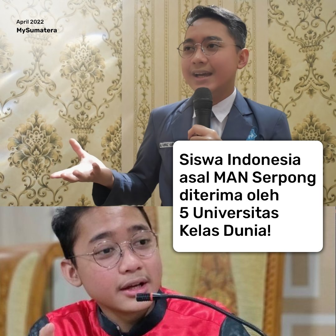 MySumatera's tweet photo. Muhammad Fawwaz Farhan Farabi, seorang Siswa MAN Insan Cendekia Serpong diterima  5 Universitas terbaik dunia!✨

Lima univ ini tersebar di berbagai benua seperti Eropa, Asia dan Australia. Monash University dan Universitas Indonesia termasuk dari kelima univ itu.👀

#IndiHome https://t.co/zyZCEHupy0