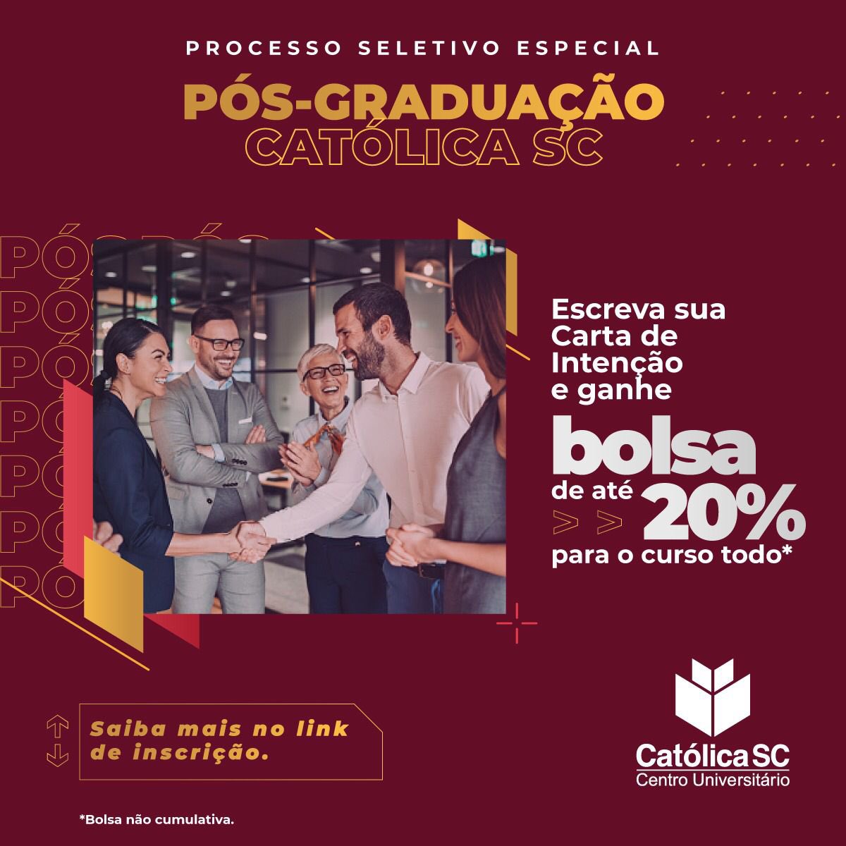 Processo Seletivo Especial da Pós-Graduação da Católica SC​:

→ Envie sua carta de intenção para iniciar os seus estudos em uma pós-graduação da Católica SC e ganhe bolsa de até 20% para o curso todo.​ Saiba mais e inscreva-se em bit.ly/cartadeintenca…