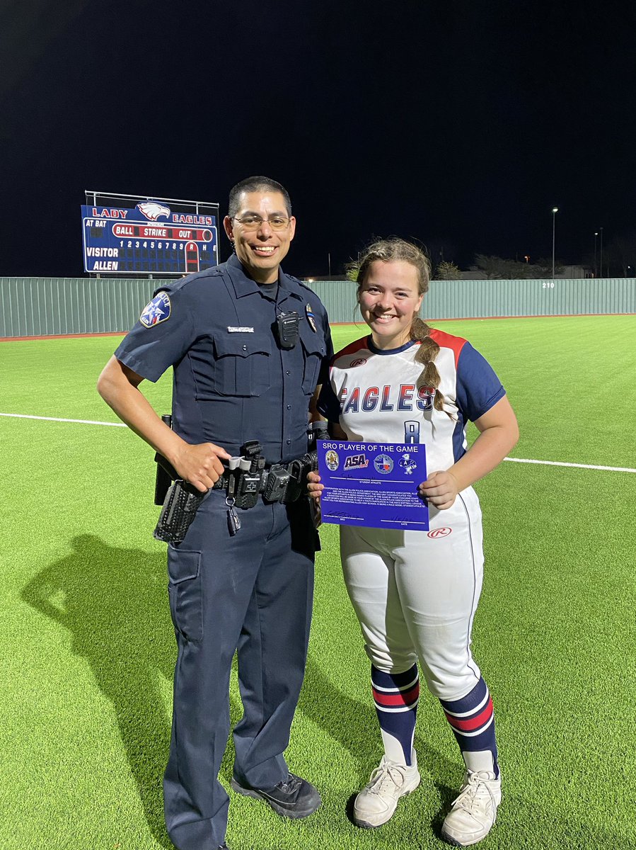 Congratulations to Taylor Wright who was the SRO Player of the Game tonight!! The Eagles dominated tonight getting a 15-5 win against Boyd at home. GO EAGLES! 🦅 <a href="/softball_allen/">Allen Eagle Softball</a> <a href="/AllenHS_Eagles/">Allen High School</a> <a href="/AllenSports_tx/">ASA Sports</a> <a href="/Allen_Police/">Allen Police Department</a> <a href="/AllenPoliceAsso/">Allen Police Assoc.</a>