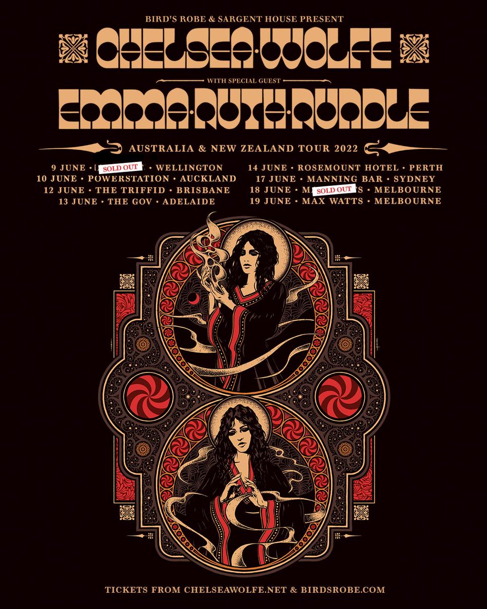 NZ &amp; AU  @CCHELSEAWWOLFE &amp; <a href="/EmmaRuthRundle/">Emma Ruth Rundle</a>  JUNE 2022
9 Wellington  (SOLD OUT) 
10 Auckland @ Powerstation
12 Brisbane@ The Triffid
13 Adelaide @ The Gov 
14 Perth @ Rosemount Hotel 
17 Sydney @ Manning Bar 
18 Melbourne (SOLD OUT) 
19 Melbourne @ Max Watts
20 Hobart <a href="/Dark_Mofo/">Dark Mofo</a>