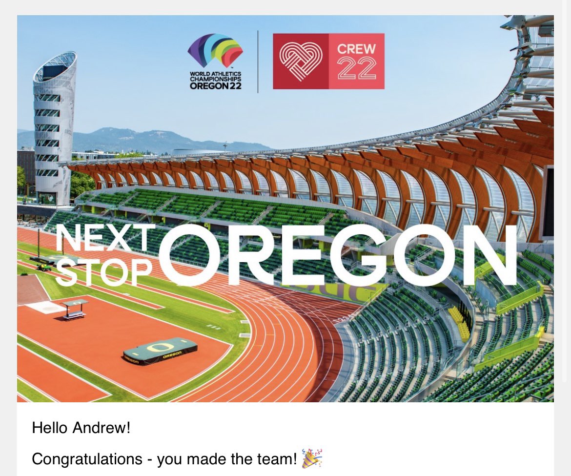 andrewspearson1's tweet photo. I'm thrilled to join #Crew22 as a volunteer for @WCHOregon22, the first World Athletics Championships on U.S. soil. #NextStopOregon https://t.co/ptr7FybTQv
