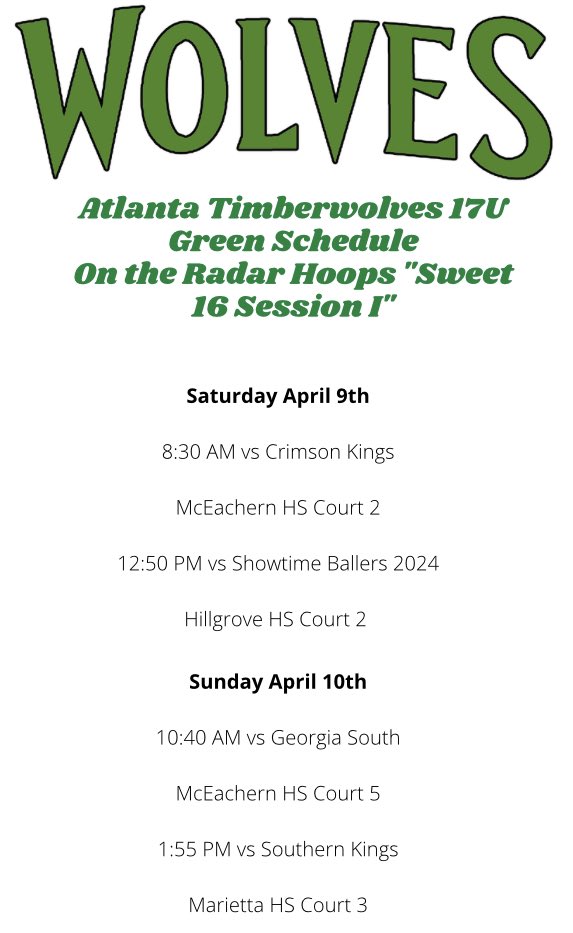 GTScott717's tweet photo. Atlanta Timberwolves 17U Green Schedule &amp; Roster for @OTRHoops Sweet 16 Session I in Atlanta this weekend!  

@OntheRadarHoops @JakeBirdsong @Relentless_Hoop @TMarkwith14 @BenjiOxman @BracketSage 

Highlights, academic info, and full game film available for all of our guys! https://t.co/pj2tdVgSx9