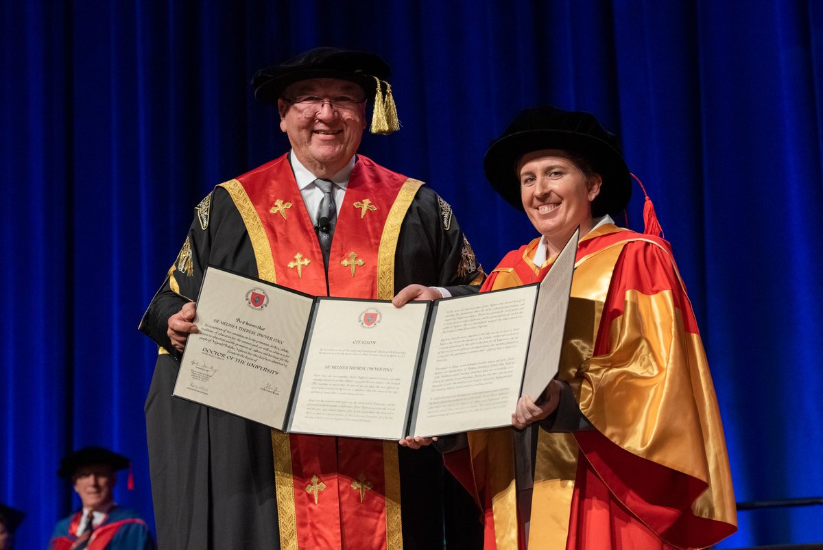 ACUmedia's tweet photo. Canossian Sister Melissa Dwyer was 19 when she gave up her dream of winning an Olympic gold medal in javelin to serve the poor as a nun. Yesterday she was awarded an honorary doctorate from ACU. Read more about Sr Melissa Dwyer's inspiring story here https://t.co/nmkRyiuRM5 https://t.co/gidDIzAuFR