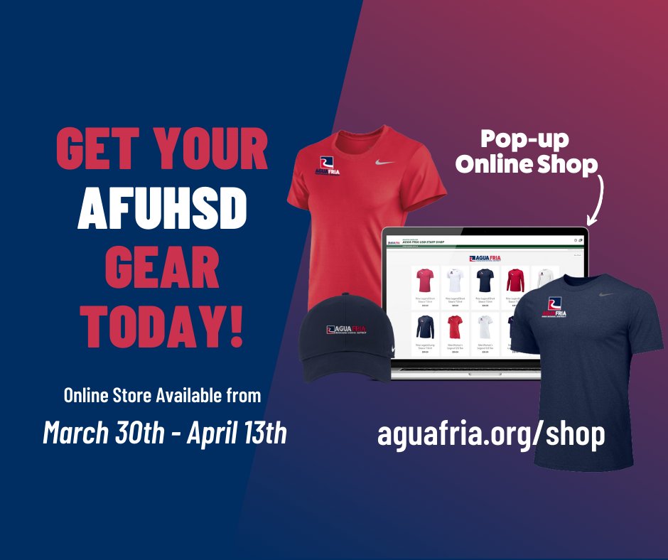 Agua Fria Union High School District is highly excited to announce we have a staff and community store. Click the image or the button below to start shopping. The store will only be open from 3/30/2022 to 4/13/2022. 

Link to store: aguafria.org/shop