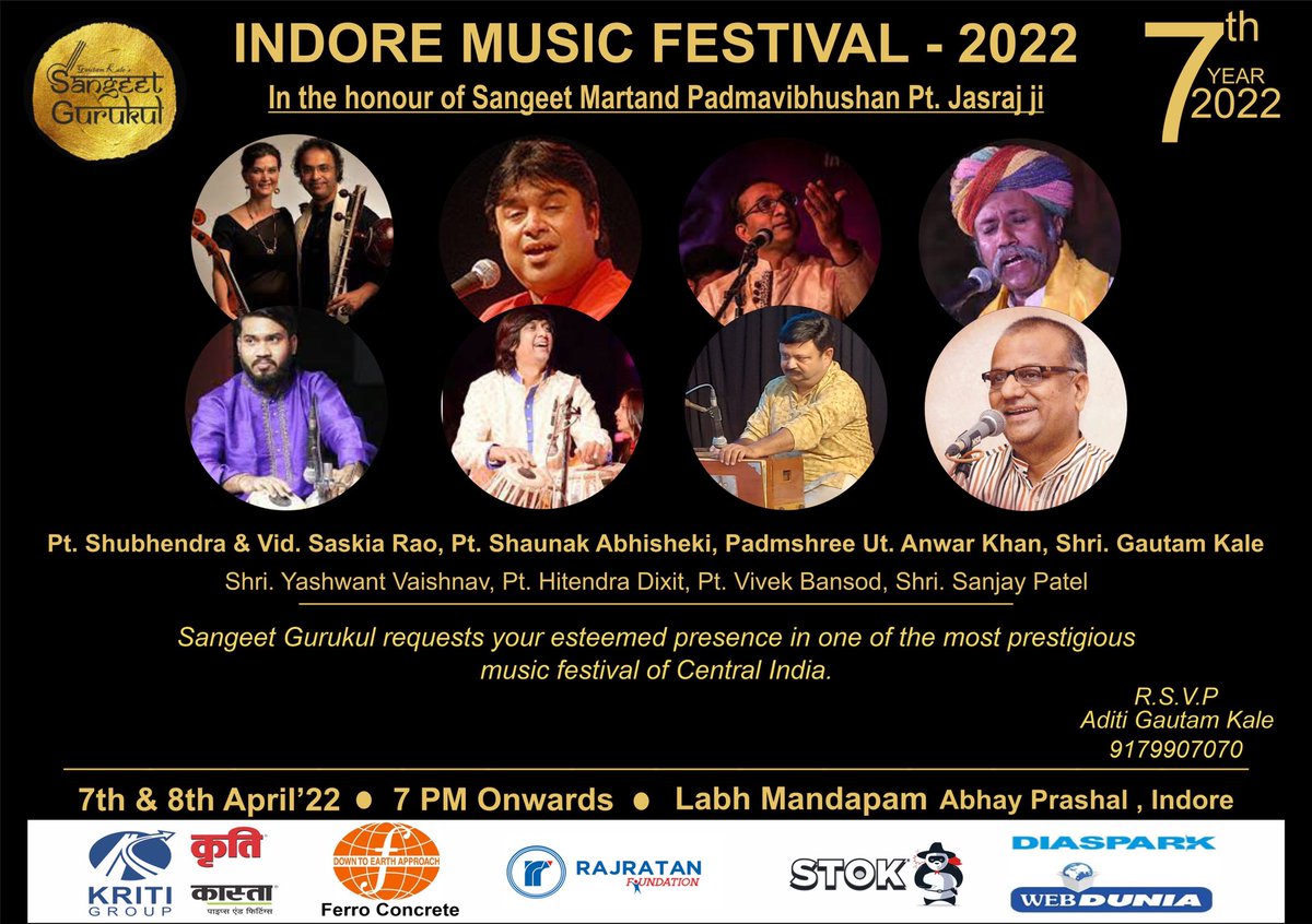 #indoremusicfestival  all music lovers are invited. #sangeetgurukul #liveconcert <a href="/ShubhendraRao/">Shubhendra Rao</a> <a href="/SaskiaRaodeHaas/">Saskia  Rao de Haas</a> <a href="/durgajasraj/">Durga Jasraj</a> <a href="/ptjasrajfans/">Pandit Jasraj Fans</a>