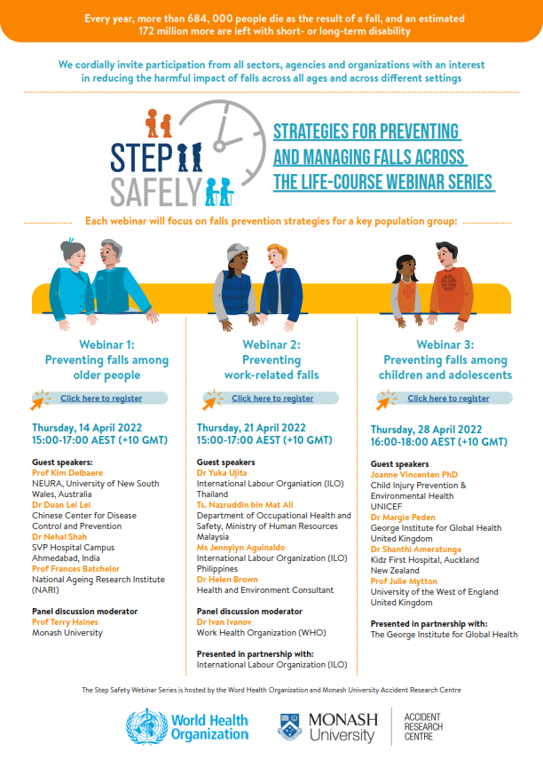 MUARCresearch's tweet image. MUARC and @WHO are hosting the Step Safely Webinar Series, with each webinar focusing on falls prevention strategies for a key population group. 

The first webinar will be held on Thursday, 14 April from 3-5pm (AEST).

Register here: who.zoom.us/webinar/regist…