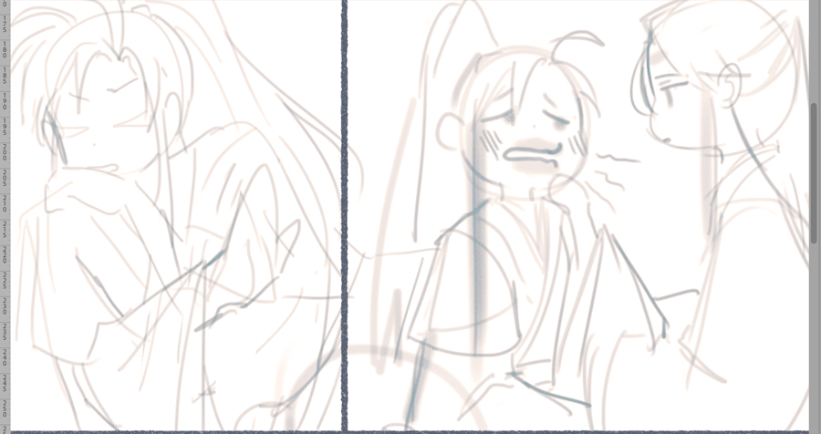 wei ying lineart in the beginning of hte comic when im still fully awake
vs wei ying sketches near the end of the comic when i was barely half conscious 