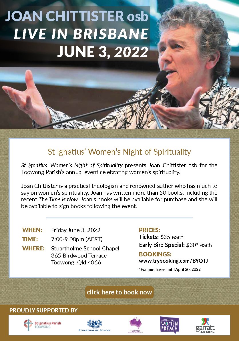 WATAC is supporting St Ignatius' Women's Night of Spirituality presenting Joan Chittister in Brisbane on 3 June 7-9pm. Definitely don't want to miss out on this one! Get your tickets here: trybooking.com/BYQTJ